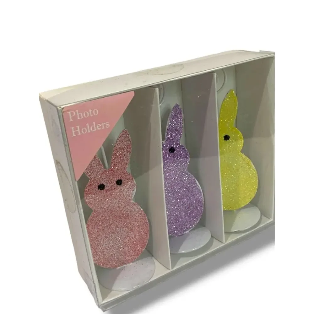 Glitter Bunny Place Card Photo Holder Box of 3 New Pink Purple Yellow 4.5
